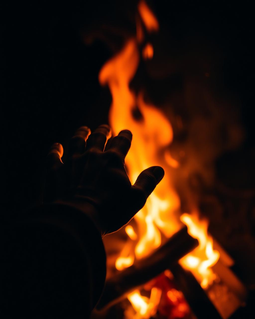 Hands reaching toward a glowing campfire at night