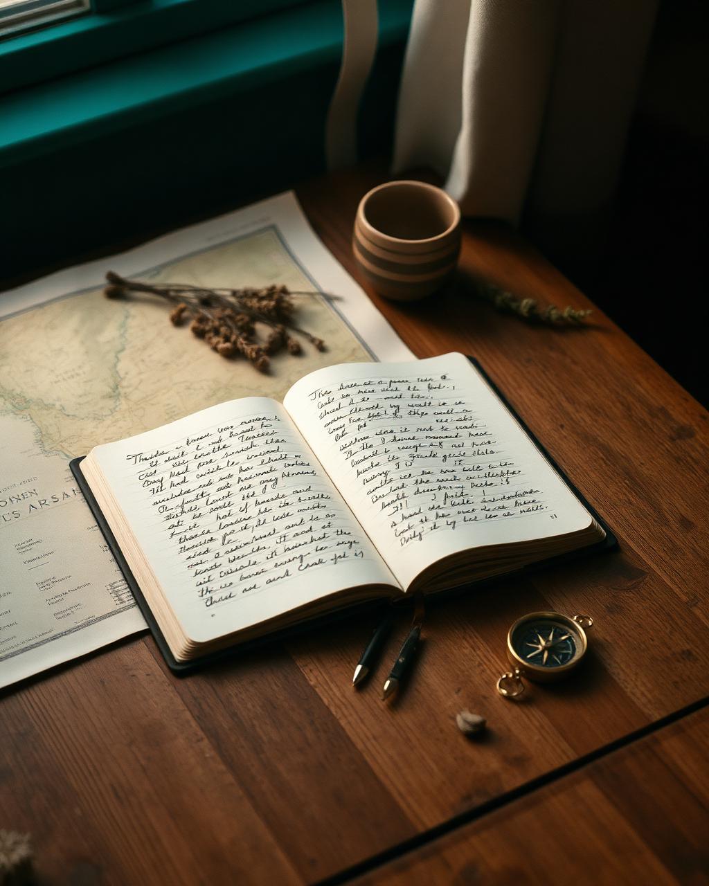 Travel journal, topographic map and brass compass on a wooden table