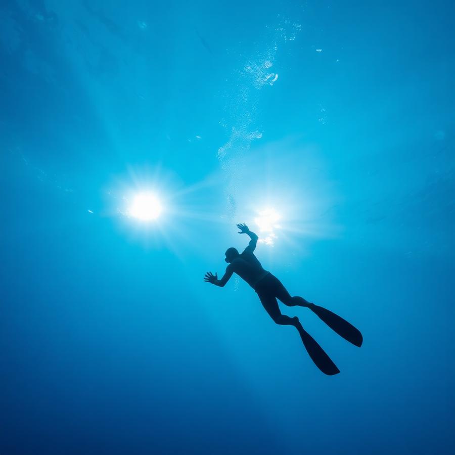 Freediver descending into deep ocean light