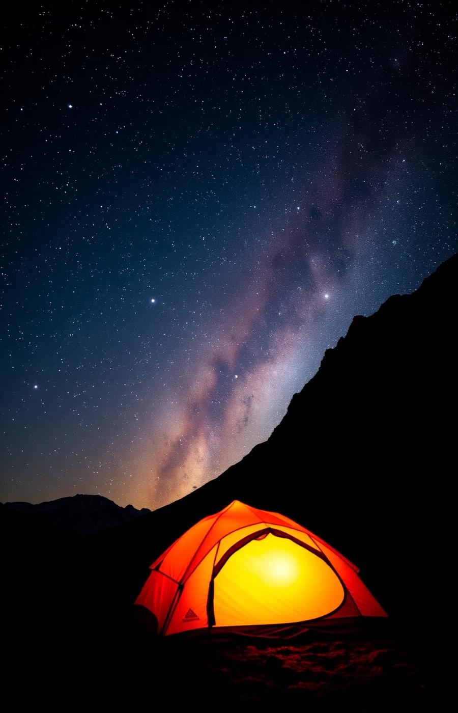 Tent under a starry mountain sky