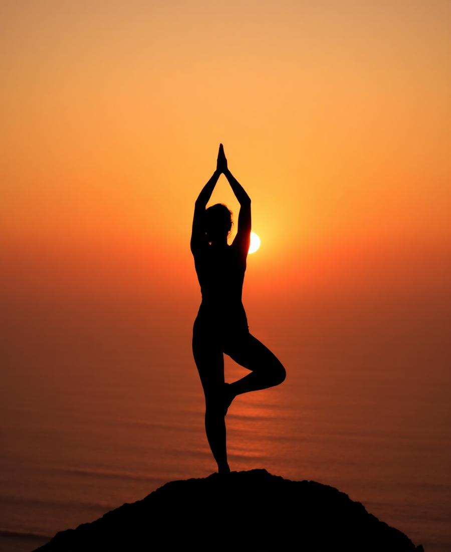 Yoga silhouette on a cliff at sunrise